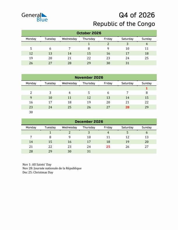 Quarterly Calendar 2026 with Republic of the Congo Holidays