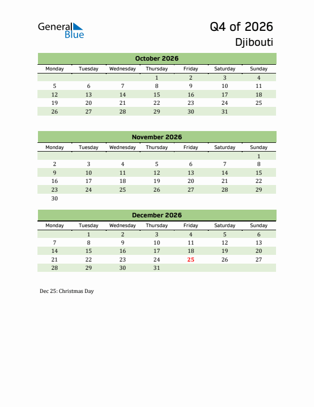 Quarterly Calendar 2026 with Djibouti Holidays