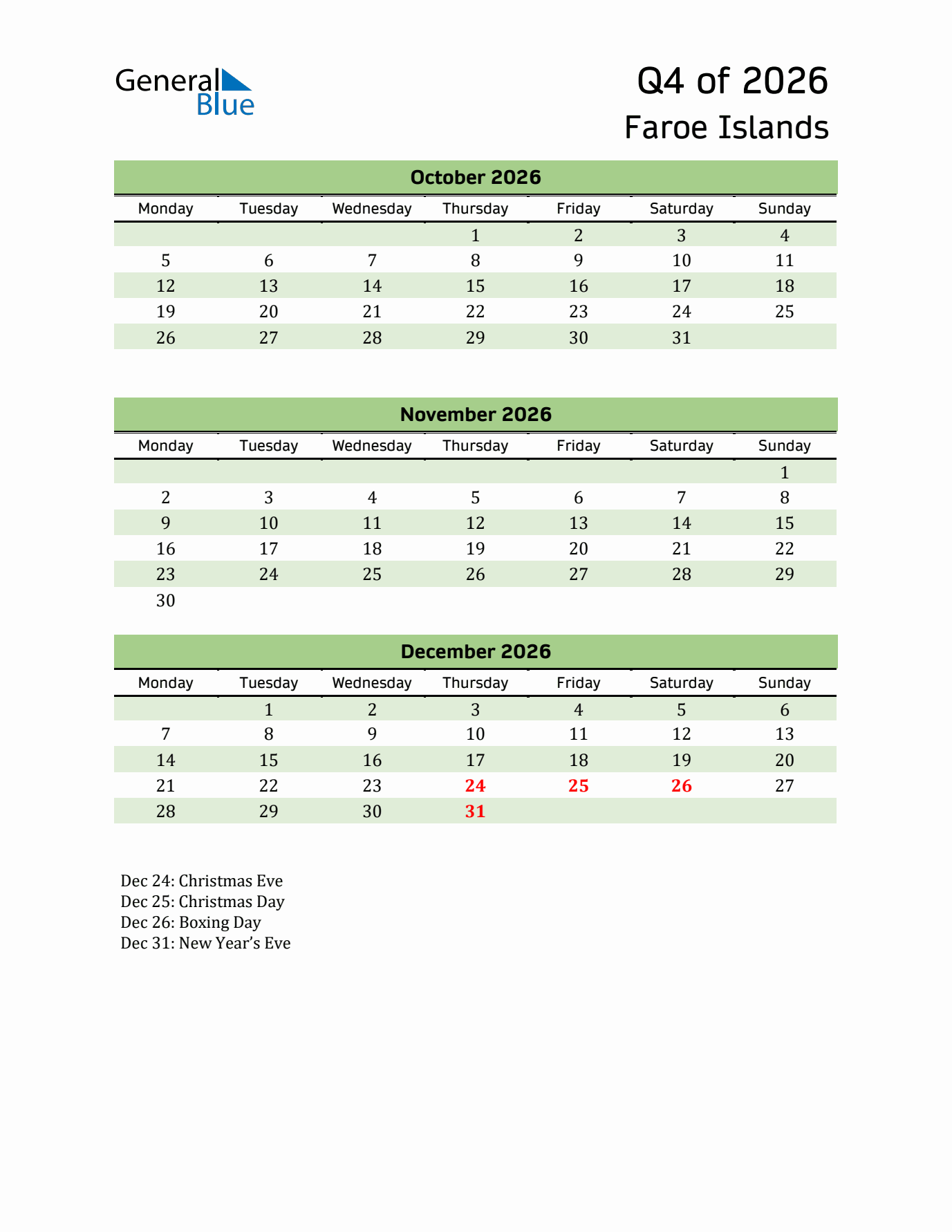 Quarterly Calendar 2026 with Faroe Islands Holidays