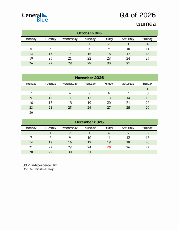 Quarterly Calendar 2026 with Guinea Holidays