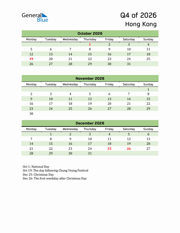 Quarterly Calendar 2026 with Hong Kong Holidays