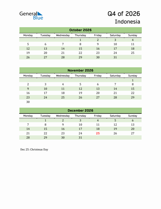 Quarterly Calendar 2026 with Indonesia Holidays