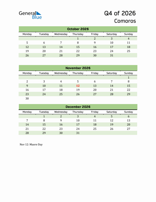 Quarterly Calendar 2026 with Comoros Holidays