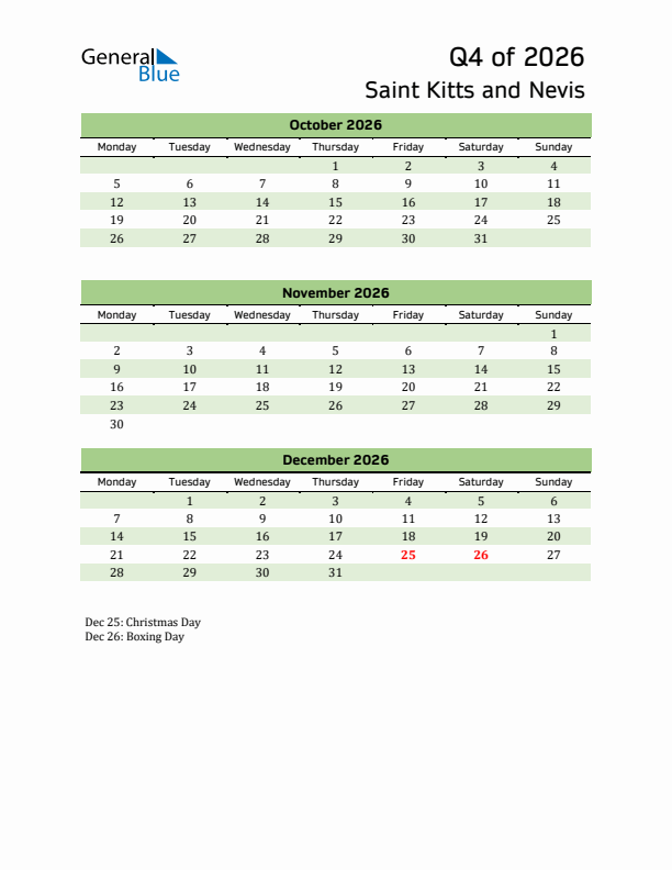 Quarterly Calendar 2026 with Saint Kitts and Nevis Holidays