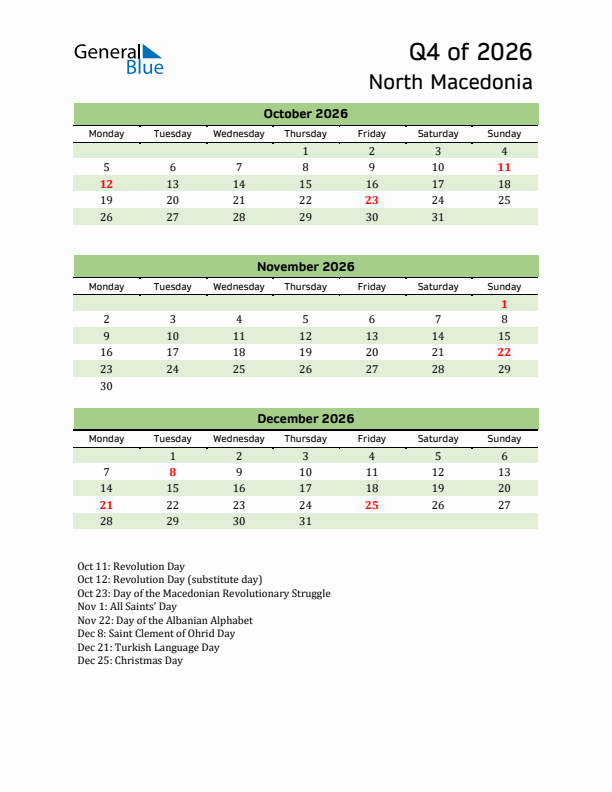 Quarterly Calendar 2026 with North Macedonia Holidays