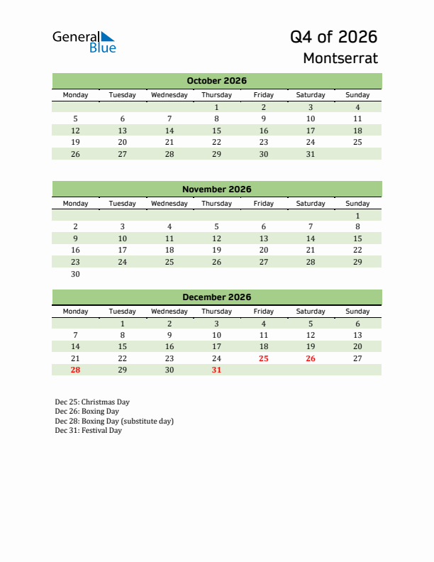 Quarterly Calendar 2026 with Montserrat Holidays