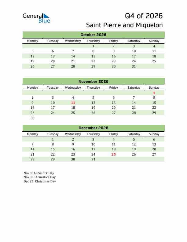 Quarterly Calendar 2026 with Saint Pierre and Miquelon Holidays