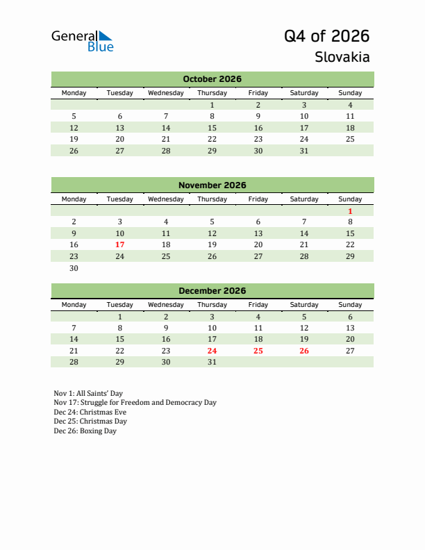 Quarterly Calendar 2026 with Slovakia Holidays