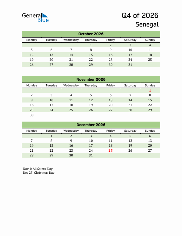 Quarterly Calendar 2026 with Senegal Holidays