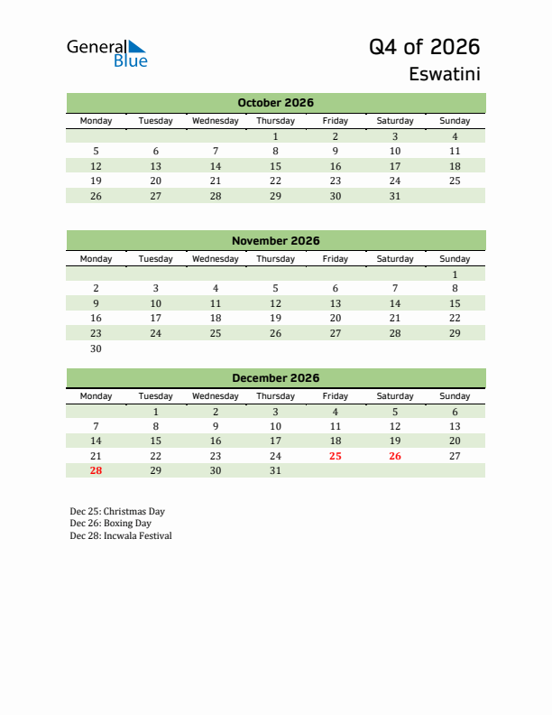 Quarterly Calendar 2026 with Eswatini Holidays
