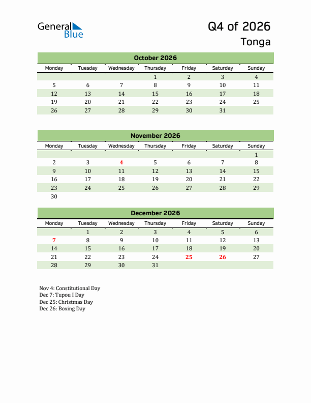 Quarterly Calendar 2026 with Tonga Holidays