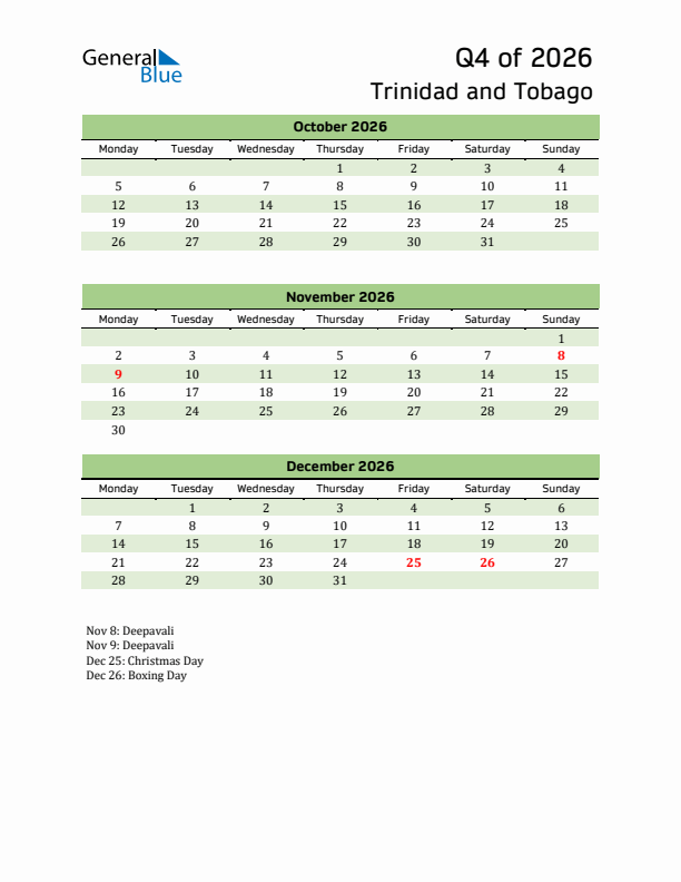 Quarterly Calendar 2026 with Trinidad and Tobago Holidays
