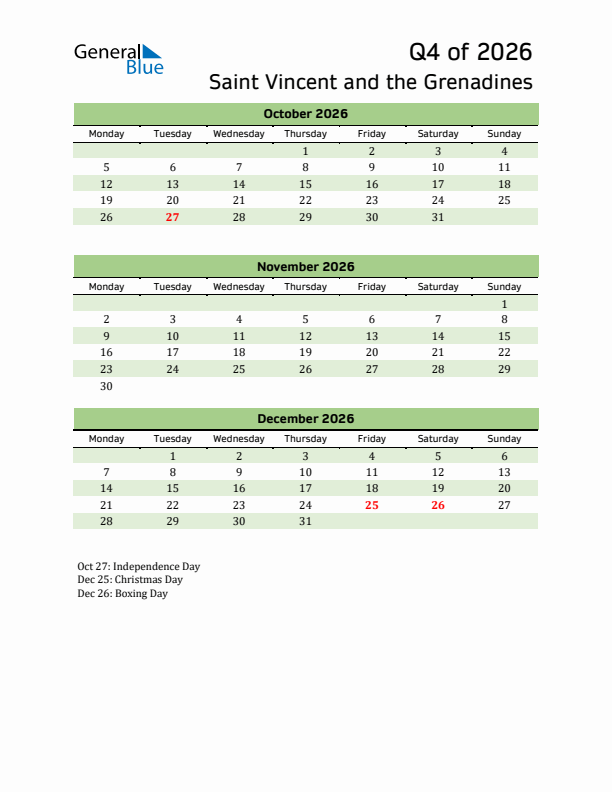 Quarterly Calendar 2026 with Saint Vincent and the Grenadines Holidays