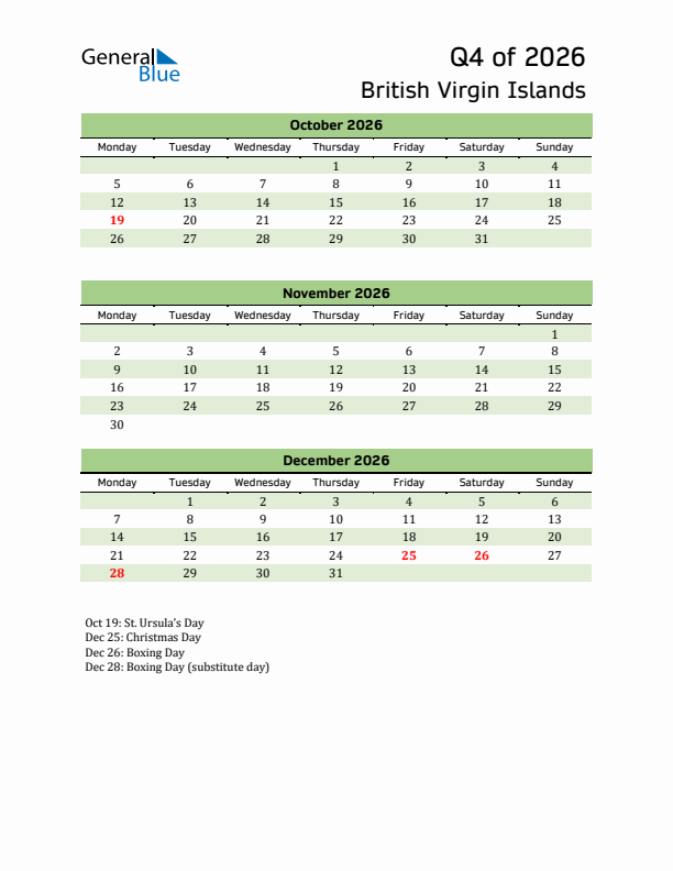 Quarterly Calendar 2026 with British Virgin Islands Holidays