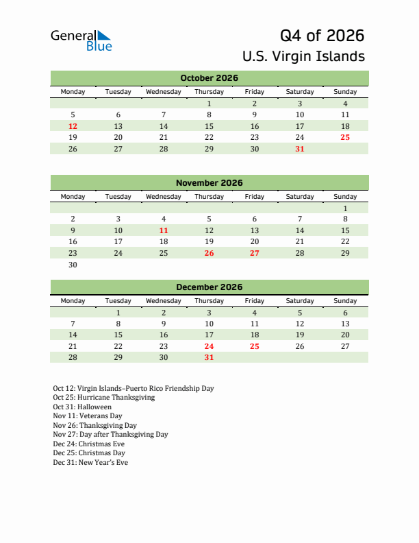Quarterly Calendar 2026 with U.S. Virgin Islands Holidays