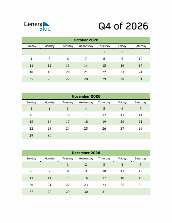 Quarter 4 2026 calendar template