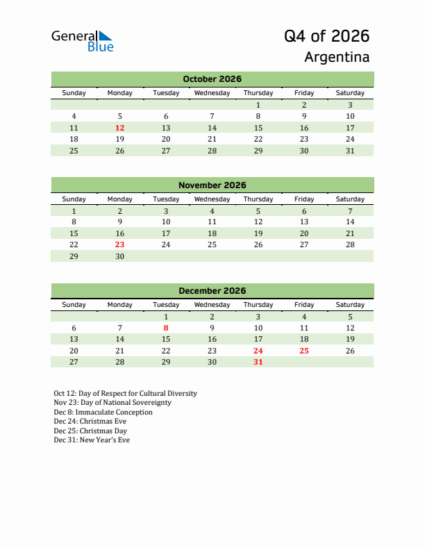 Quarterly Calendar 2026 with Argentina Holidays