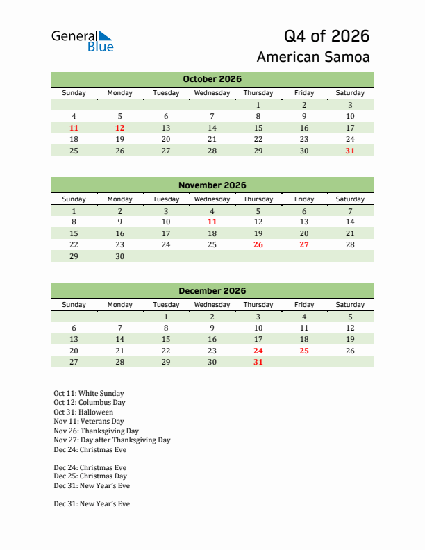 Quarterly Calendar 2026 with American Samoa Holidays