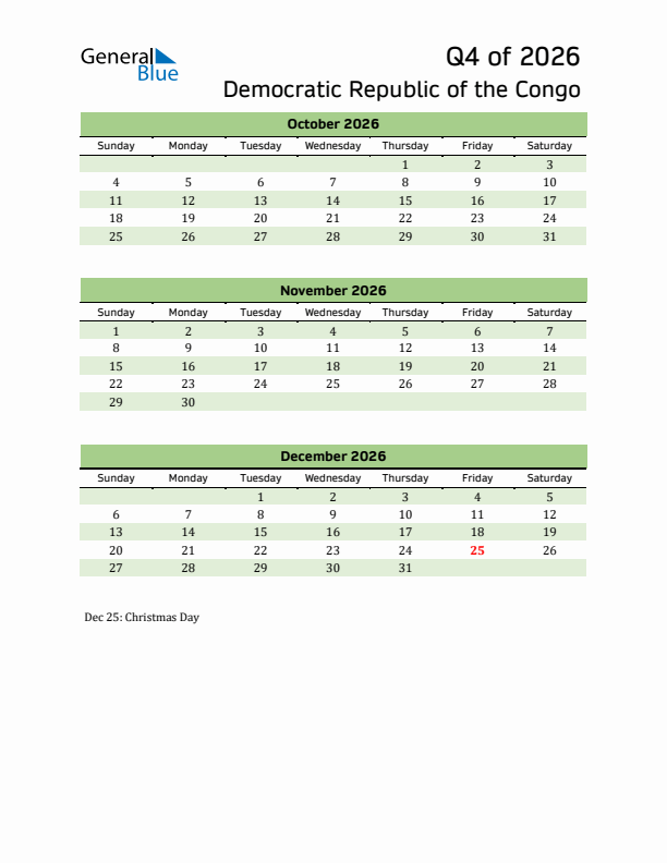 Quarterly Calendar 2026 with Democratic Republic of the Congo Holidays