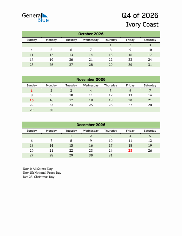 Quarterly Calendar 2026 with Ivory Coast Holidays