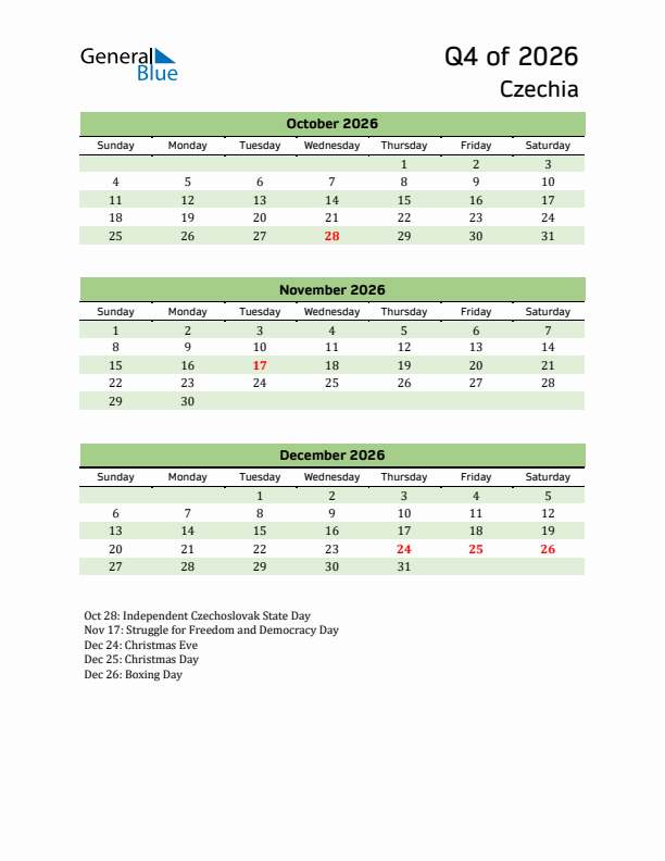 Quarterly Calendar 2026 with Czechia Holidays