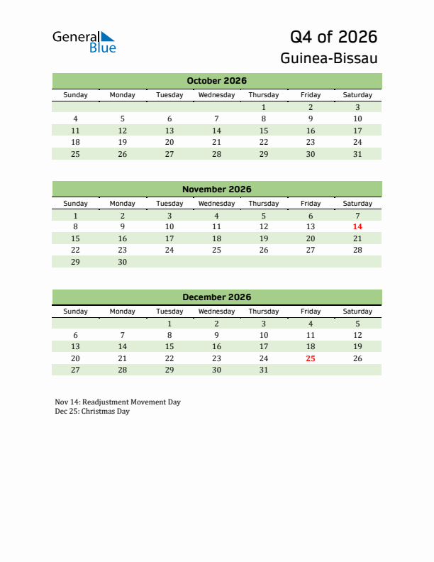 Quarterly Calendar 2026 with Guinea-Bissau Holidays