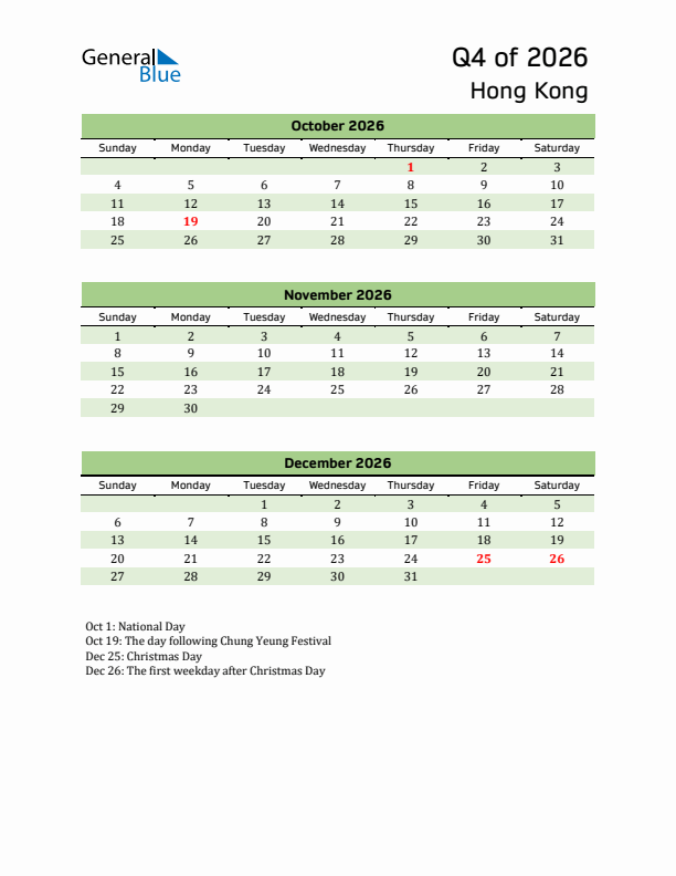 Quarterly Calendar 2026 with Hong Kong Holidays