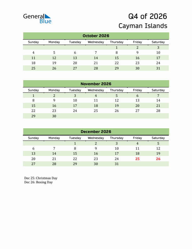 Quarterly Calendar 2026 with Cayman Islands Holidays