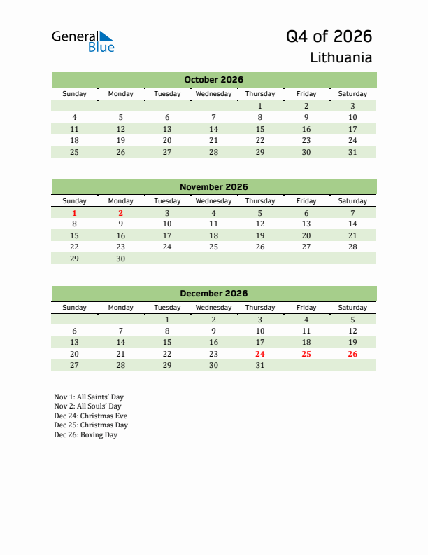Quarterly Calendar 2026 with Lithuania Holidays