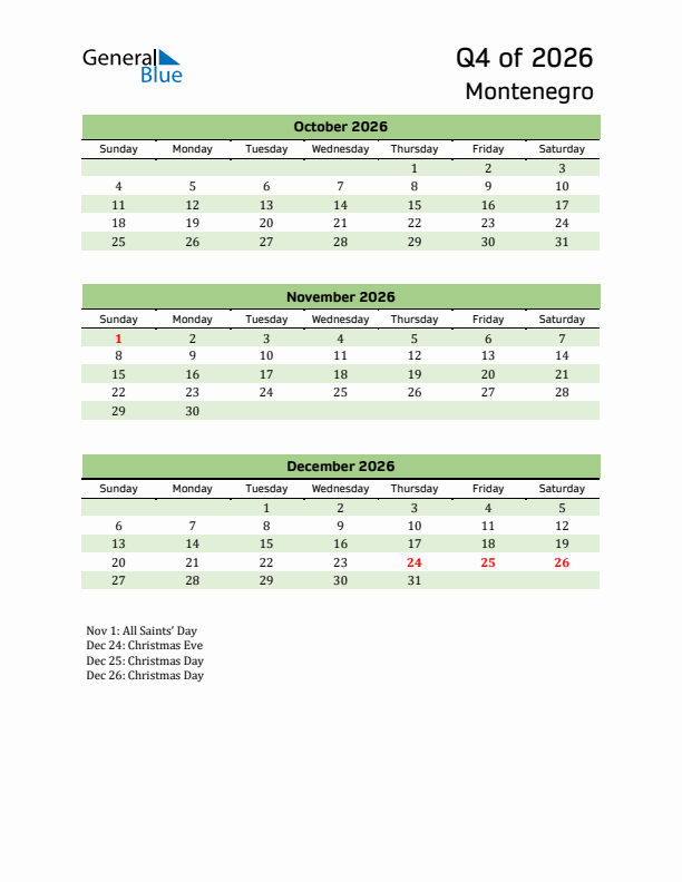 Quarterly Calendar 2026 with Montenegro Holidays