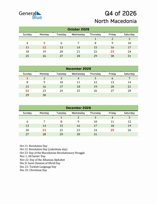 Quarterly Calendar 2026 with North Macedonia Holidays