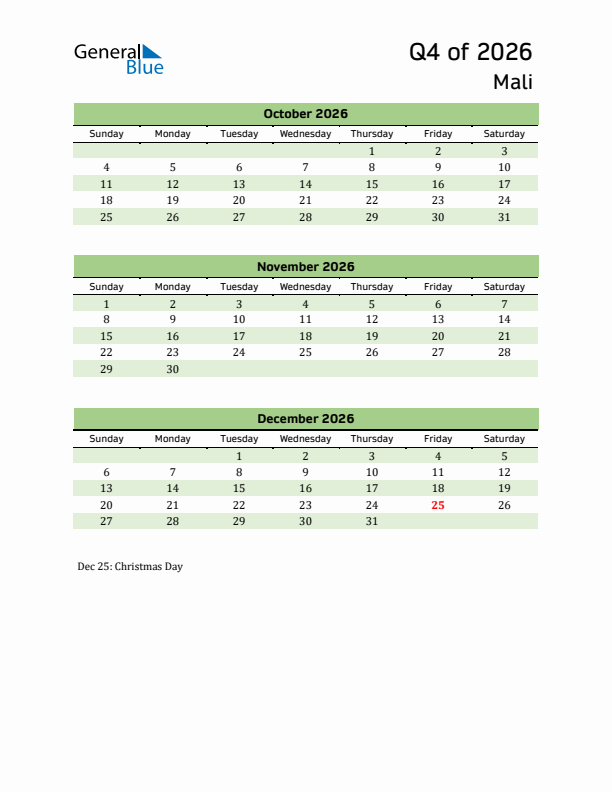 Quarterly Calendar 2026 with Mali Holidays