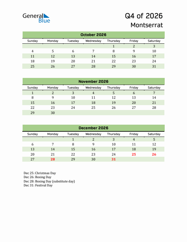 Quarterly Calendar 2026 with Montserrat Holidays