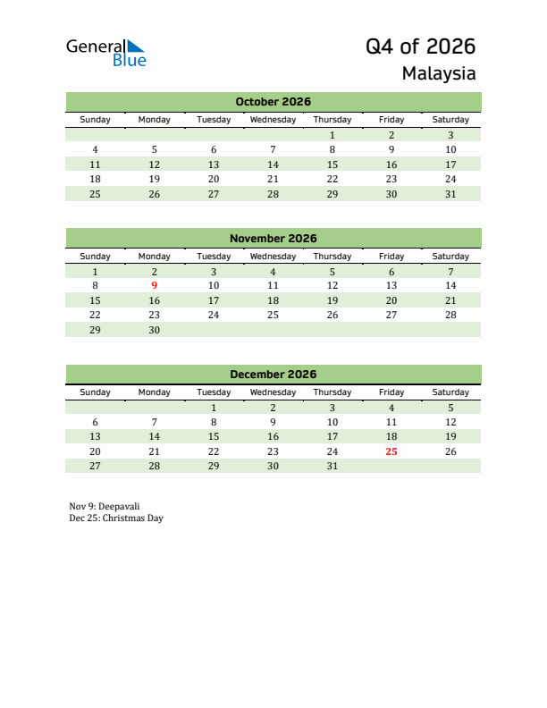 Quarterly Calendar 2026 with Malaysia Holidays