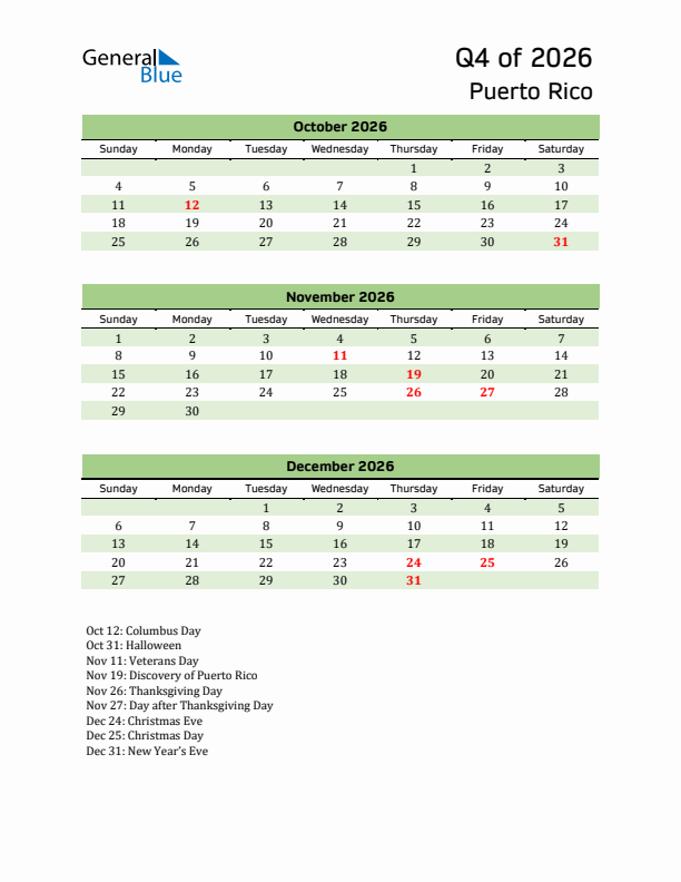 Quarterly Calendar 2026 with Puerto Rico Holidays