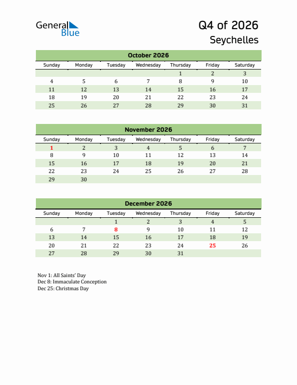 Quarterly Calendar 2026 with Seychelles Holidays