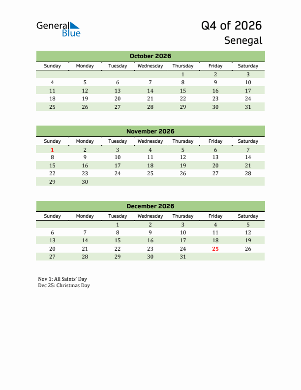 Quarterly Calendar 2026 with Senegal Holidays