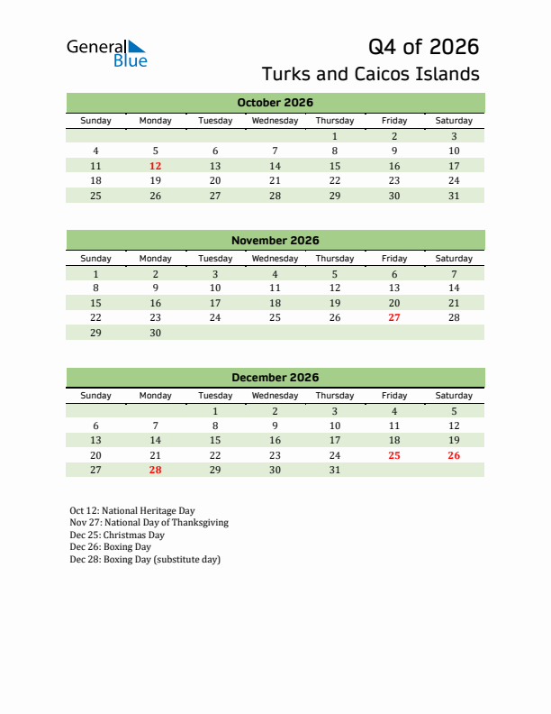 Quarterly Calendar 2026 with Turks and Caicos Islands Holidays