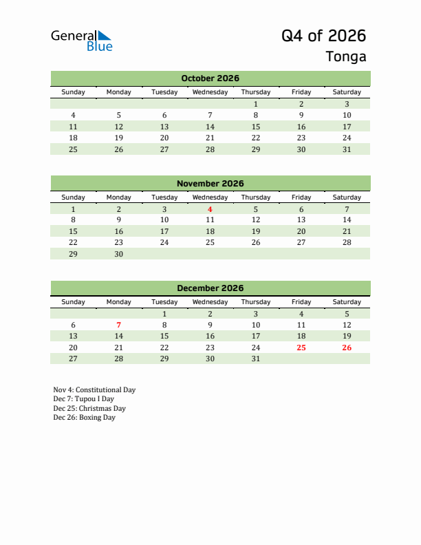 Quarterly Calendar 2026 with Tonga Holidays