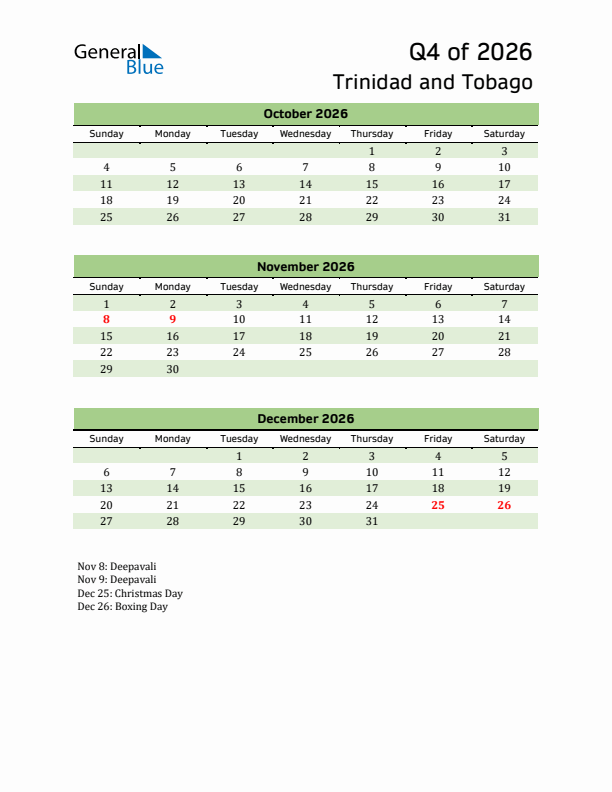 Quarterly Calendar 2026 with Trinidad and Tobago Holidays