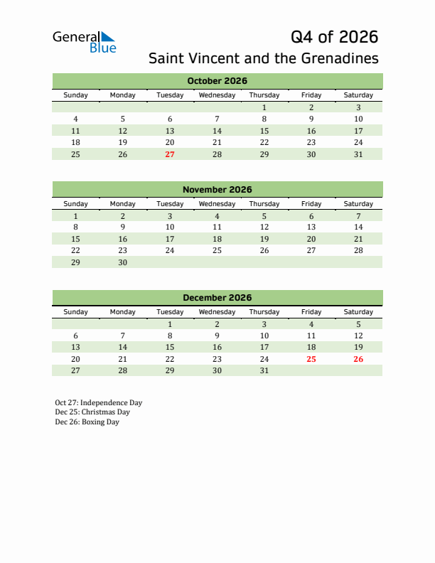 Quarterly Calendar 2026 with Saint Vincent and the Grenadines Holidays