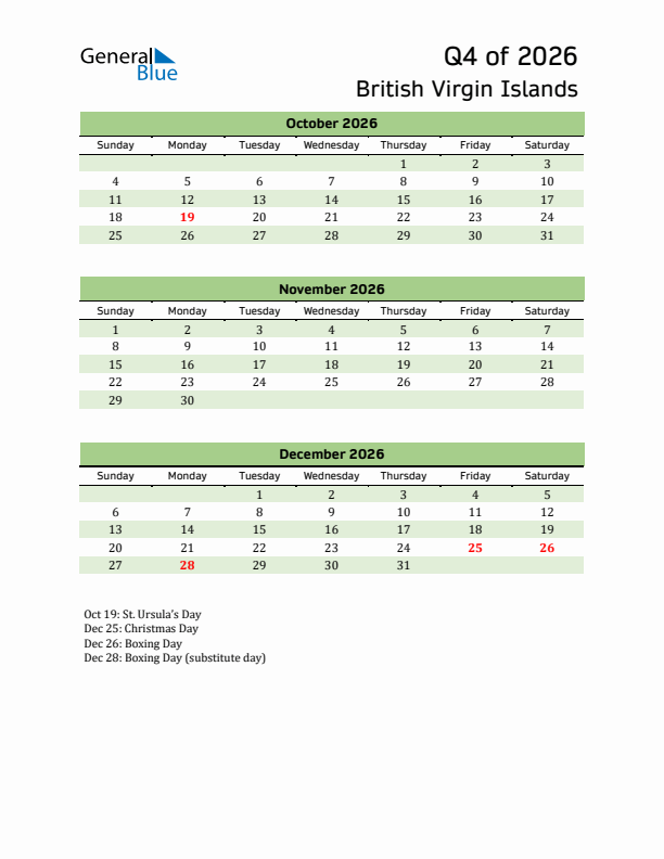 Quarterly Calendar 2026 with British Virgin Islands Holidays