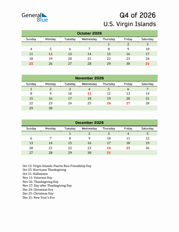 Quarterly Calendar 2026 with U.S. Virgin Islands Holidays