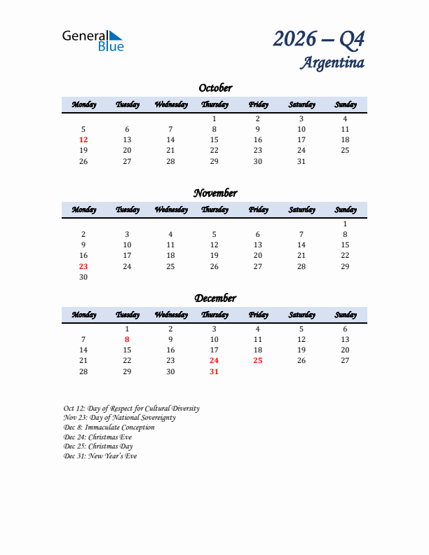 October, November, and December Calendar for Argentina with Monday Start