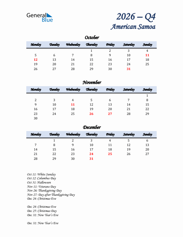 October, November, and December Calendar for American Samoa with Monday Start