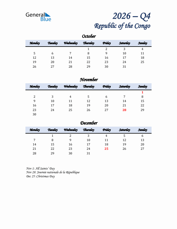 October, November, and December Calendar for Republic of the Congo with Monday Start
