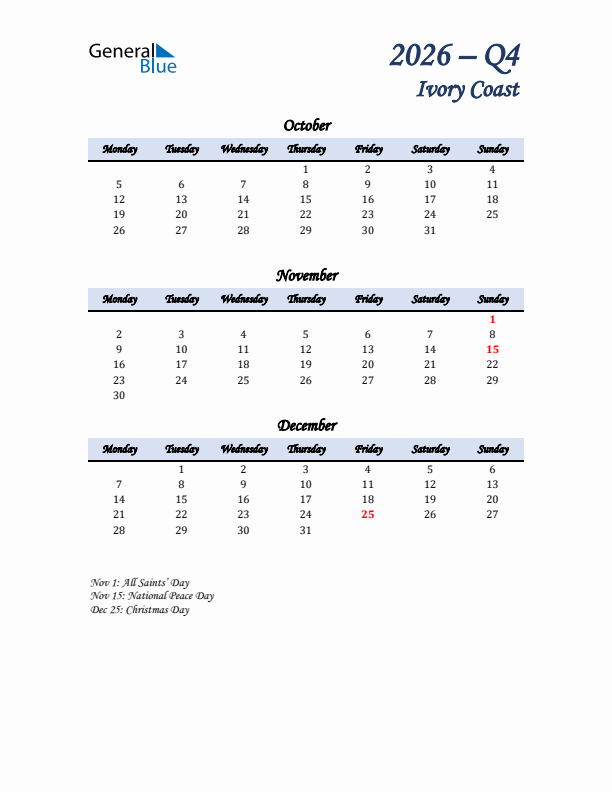 October, November, and December Calendar for Ivory Coast with Monday Start