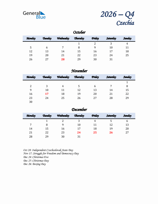 October, November, and December Calendar for Czechia with Monday Start