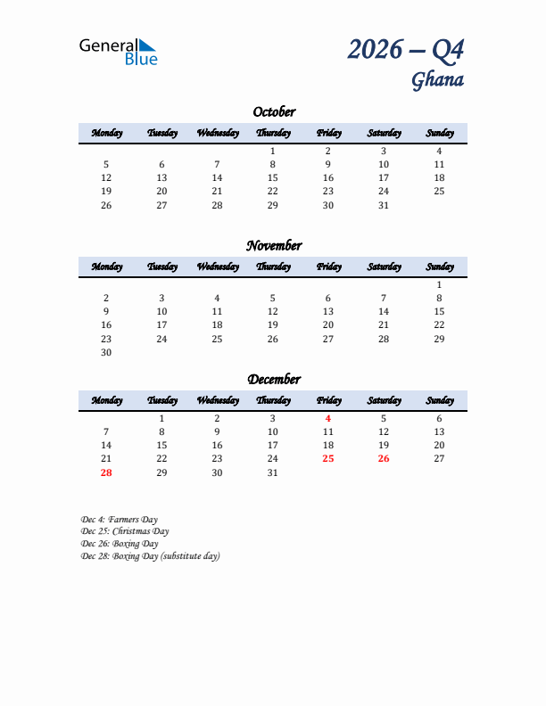 October, November, and December Calendar for Ghana with Monday Start