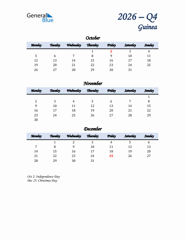 October, November, and December Calendar for Guinea with Monday Start